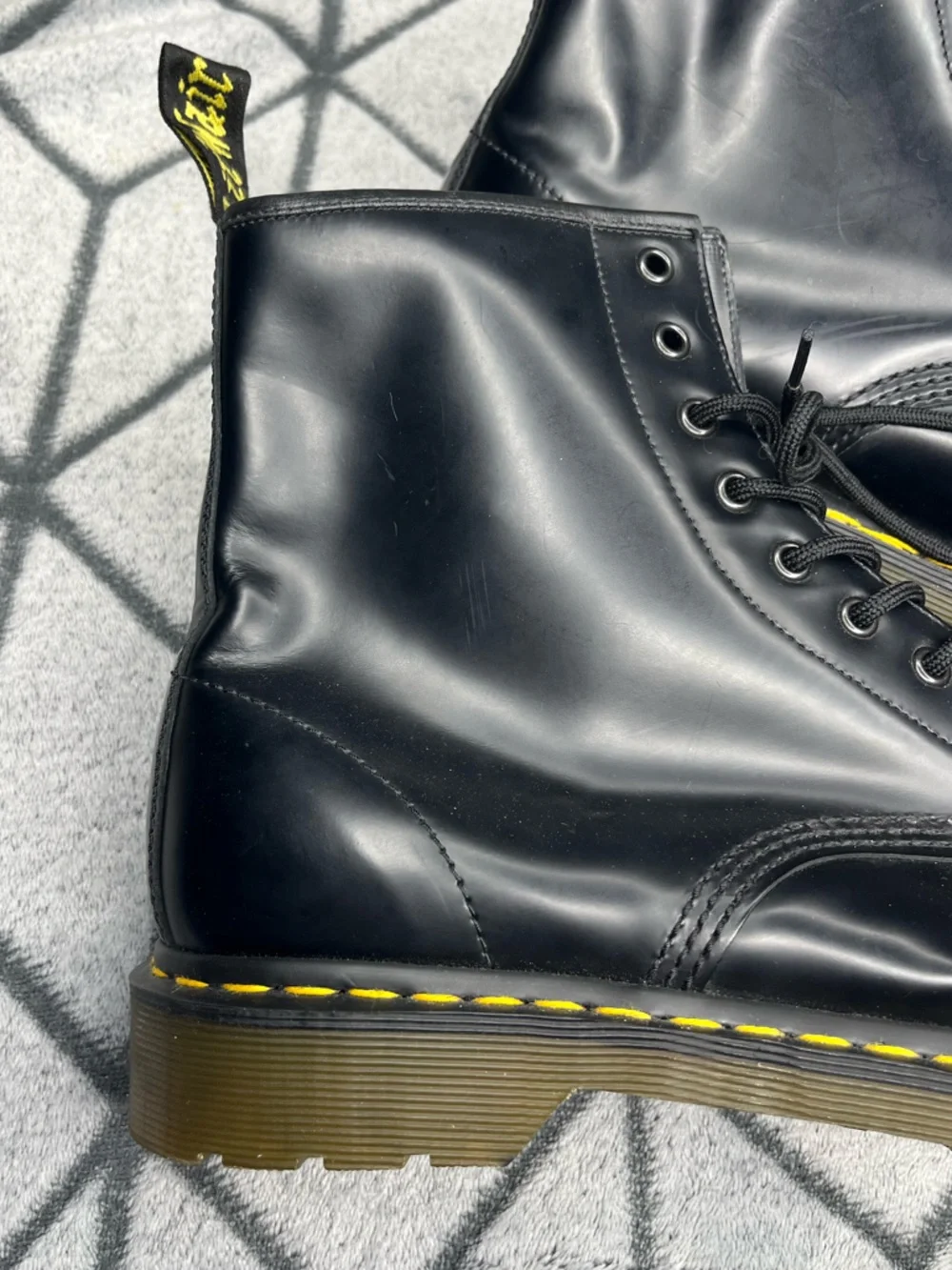 Dr. Martens Black Smooth Leather Lace Up 8-Eye Boots w Yellow Stitching